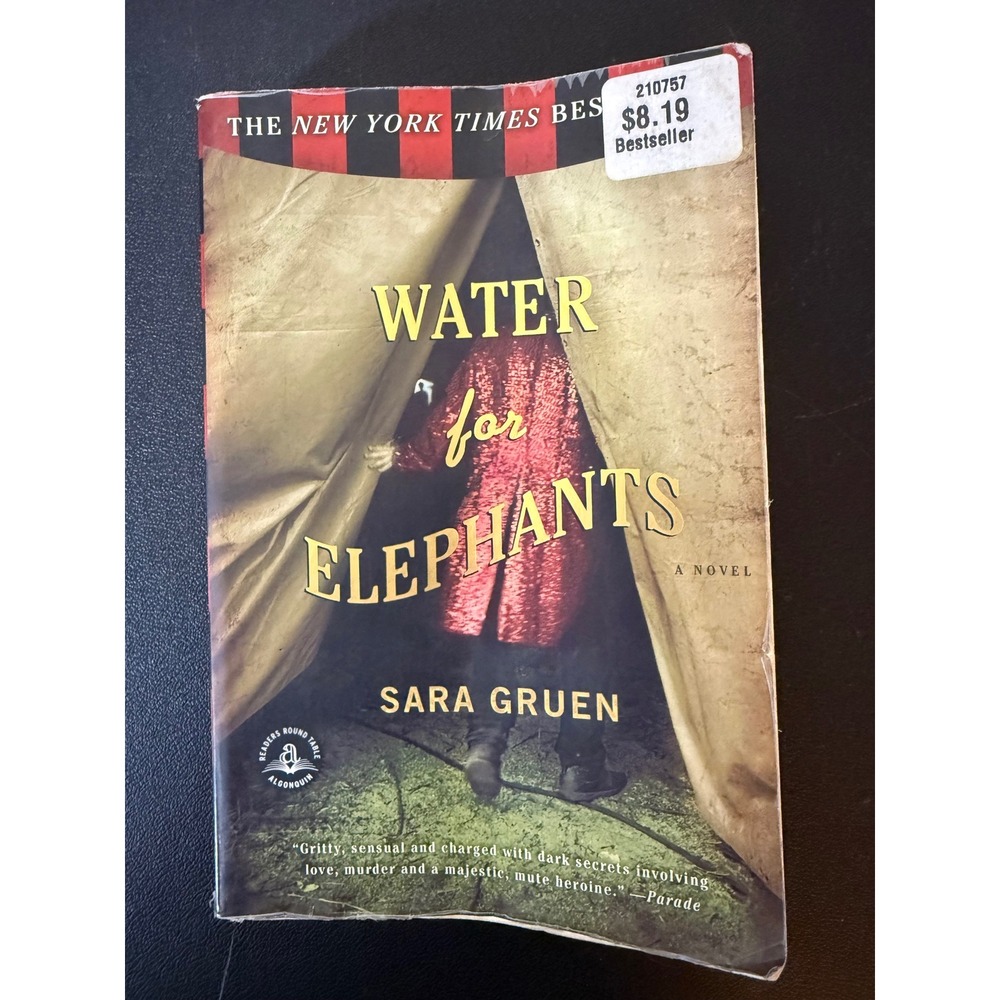 Water for Elephants by Sara Gruen Paperback Historical Fiction Circus Novel 2007